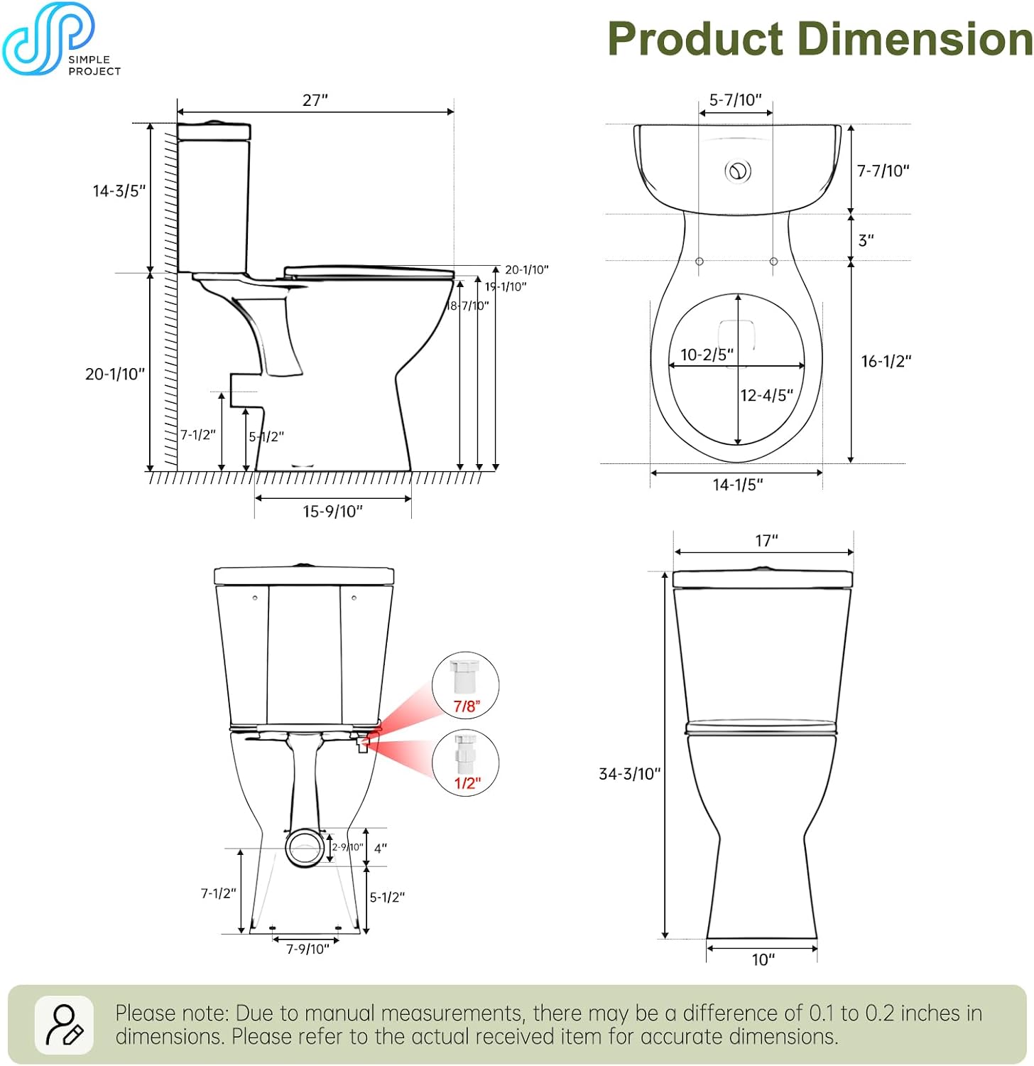 Simple Project Rear Outlet Toilet with Tank, 19 Inch ADA Rear High Toilet, Dual Flush 1/1.28GPF Back Discharge Tall Toilet with Comfort Soft Close Seat for Seniors -Includes Extension Pipe