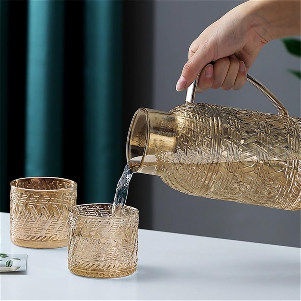 Beverage Serveware 2.2L Glass Water Jug With Lid Retro Cold Water Pitcher Household Resistant High Temperature Tea Kettle For Cold/Hot Water, Iced Tea Water Carafe(Yellow)