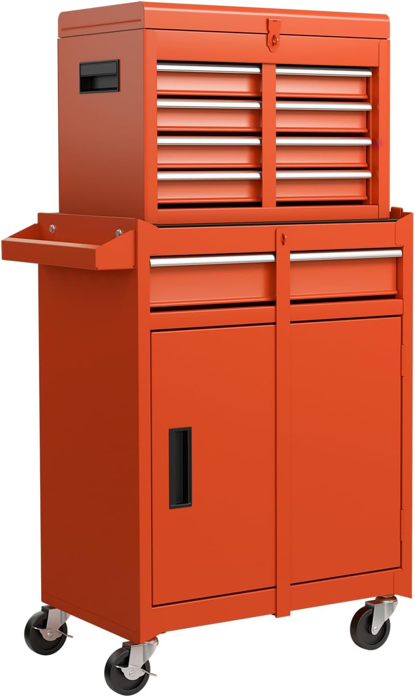 IRONMAX 5-Drawer Rolling Tool Chest, 2-in-1 Detachable Heavy Duty Tool Box Storage Cabinet with Auto Lock, Adjustable Shelf & Hooks, Metal Toolbox on Wheels for Garage Workshop (Orange)