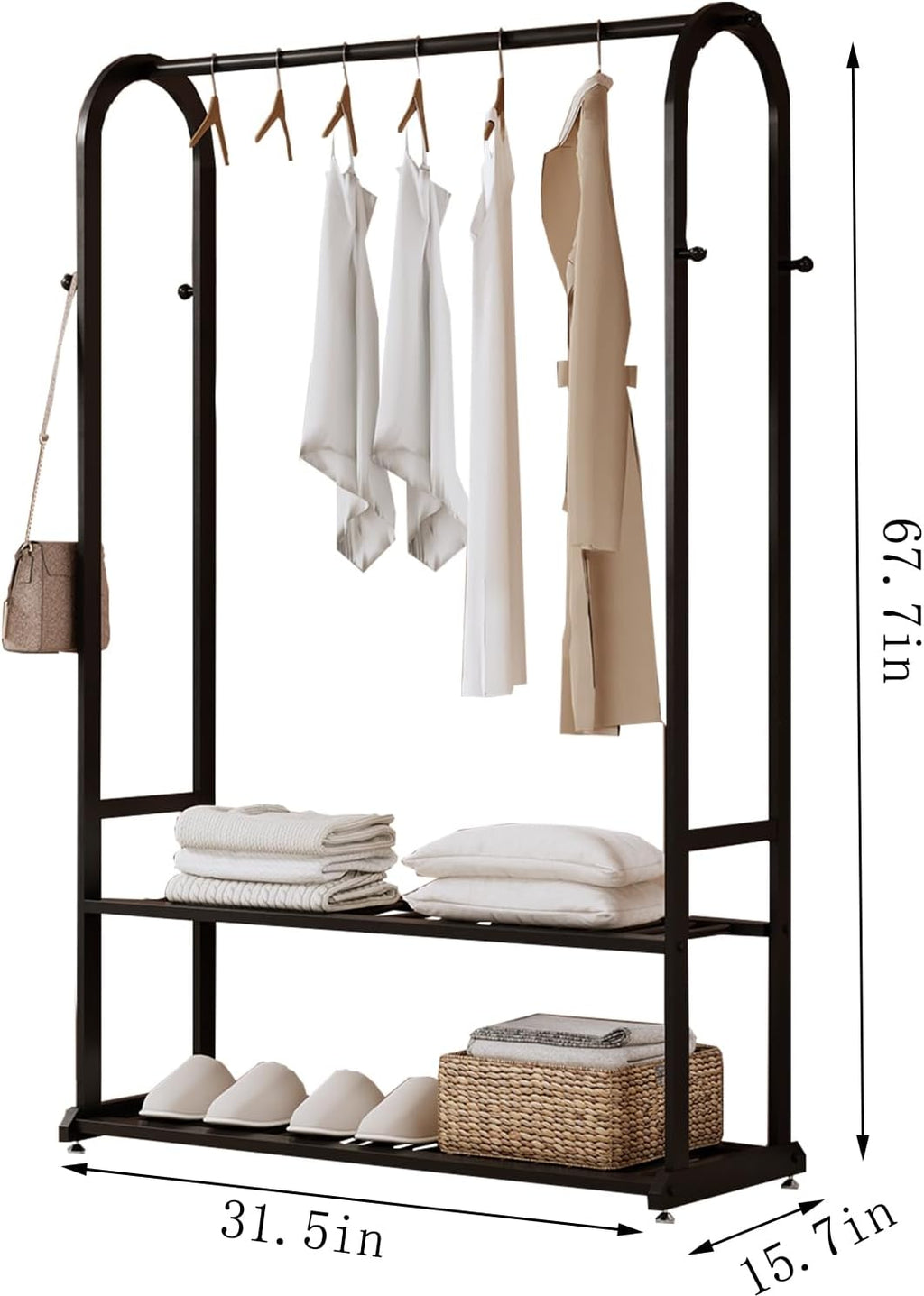 Freestanding Clothes Rack,Sturdy Metal Garment Racks for Hanging Clothes,Black Clothing Racks with bottom shelves & 6 Hooks,Multi-Functional Wardrobe Rack for Bedroom or Closet