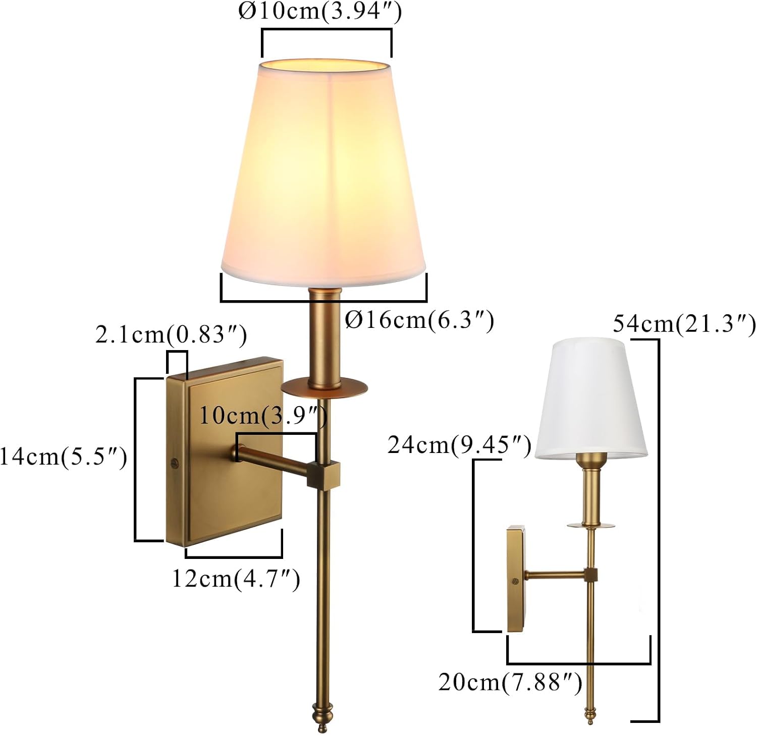 PERMO Set of 2 Classic Rustic Industrial Wall Sconce Lighting Fixture with Flared White Textile Lamp Shade and Antique Brass Tapered Column Stand, Hardwired, E26 Base