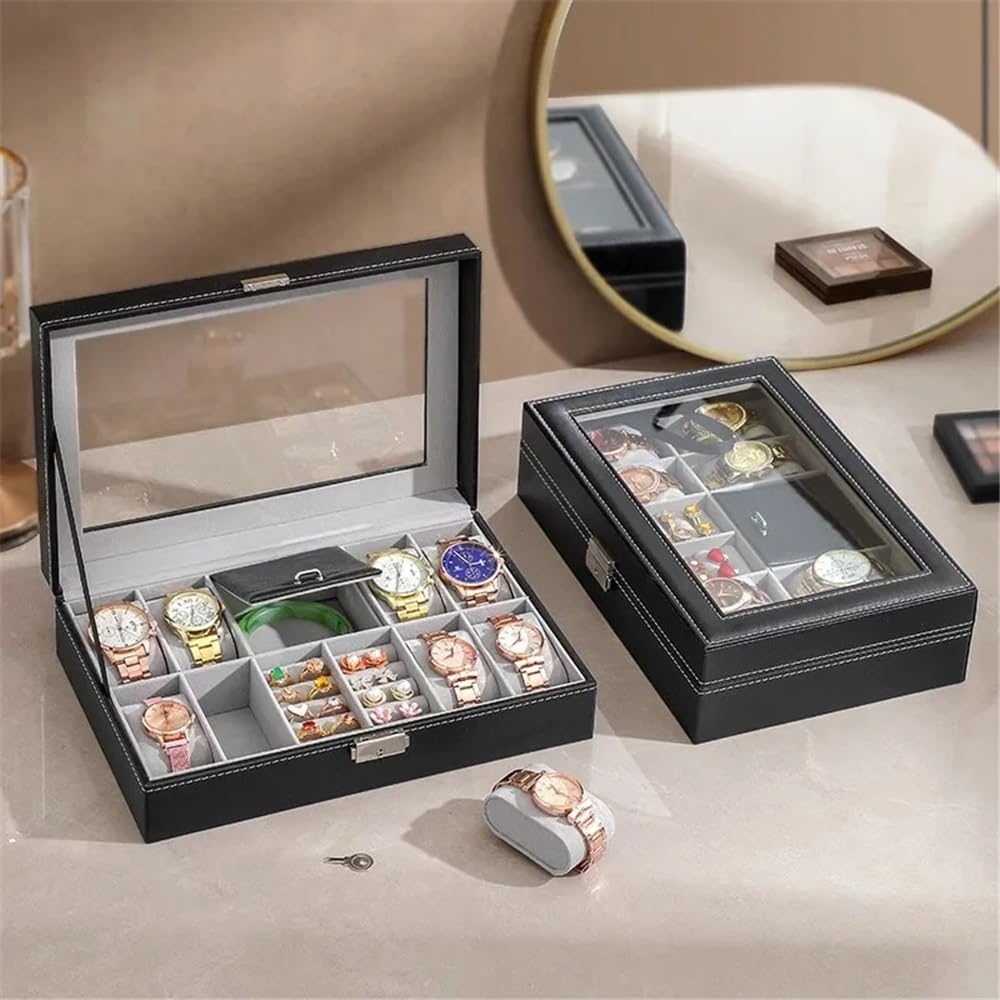 Glasses Stand Watch Box, 8 Jewelry Box Watch Display Case Organizer Jewelry Storage Box Black PU Leather with Mirror and Lock Eyewear Display Stand