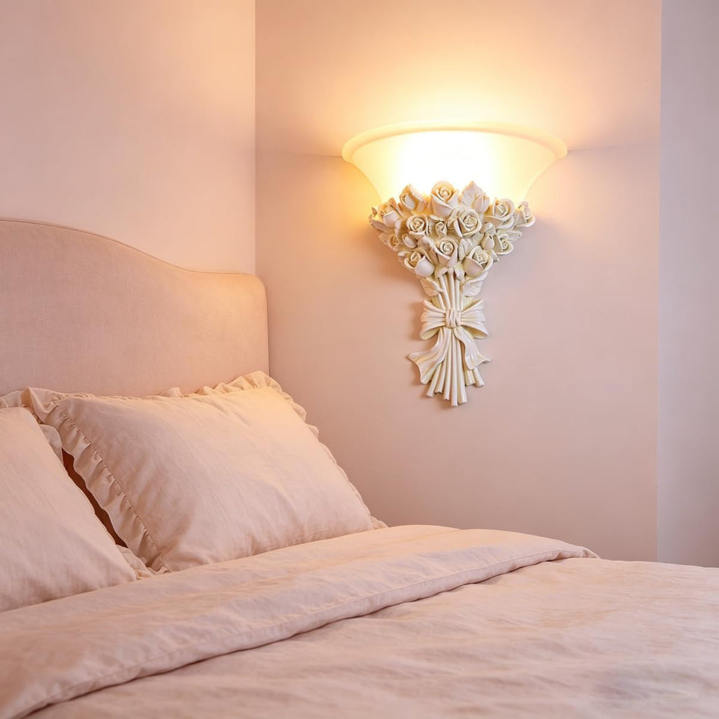 White Flower Wall Sconce 1-Light Antique Rose Resin Flower Wall Lamp with Frosted Glass Shade, E26 Hardwired Light Fixture Vintage Indoor Art Deco Lighting for Bedroom Living Room