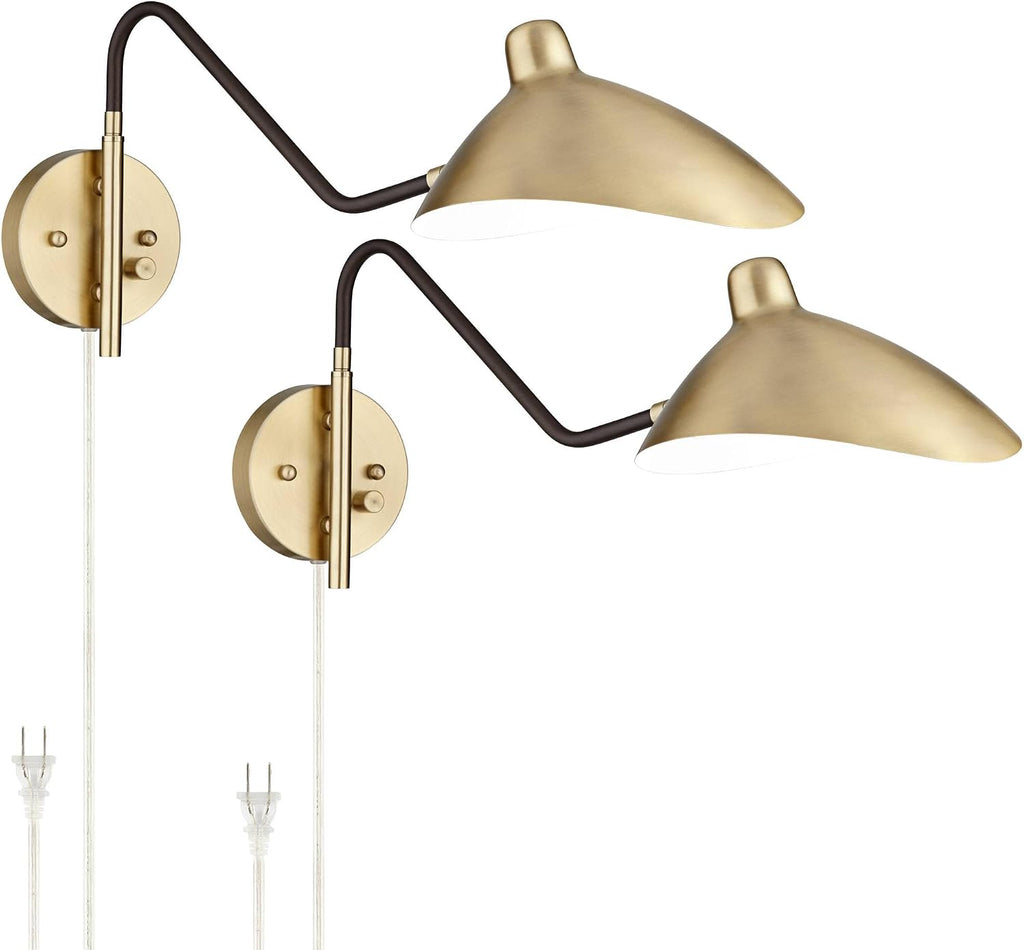 360 Lighting Colborne Mid Century Modern Swing Arm Wall Lamps Set of 2 Antique Brass Gold Black Plug-in Light Fixture Up Down Metal Shade for Bedroom Bedside Living Room Reading House Home