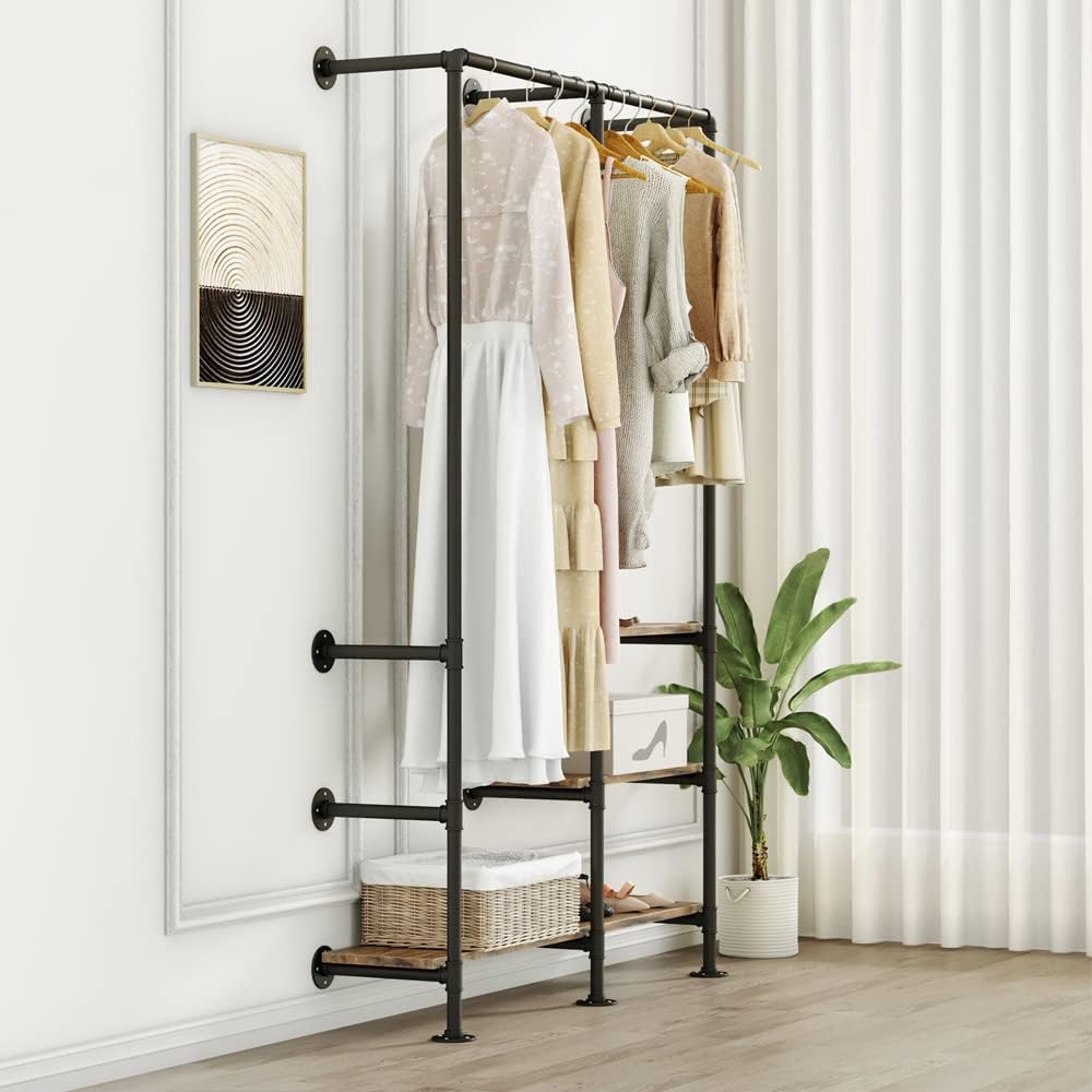 KaKaBB Industrial Wall Mounted Clothes Rack, Black Double Hanging Rods Clothing Rack, Heavy Duty Pipe Clothing Racks With Three Shelves Retail Display Garment Rack for Home/Boutique