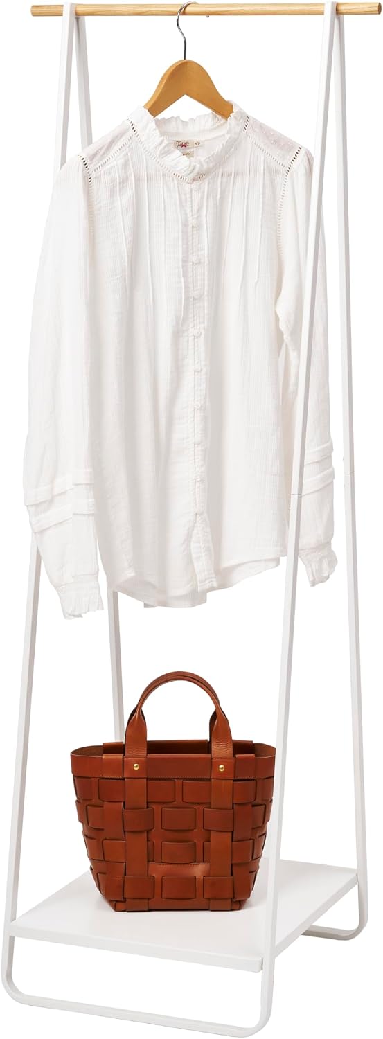 YAMAZAKI Home Freestanding Coat Hanger Clothes Rack with Shelf Steel One Size White