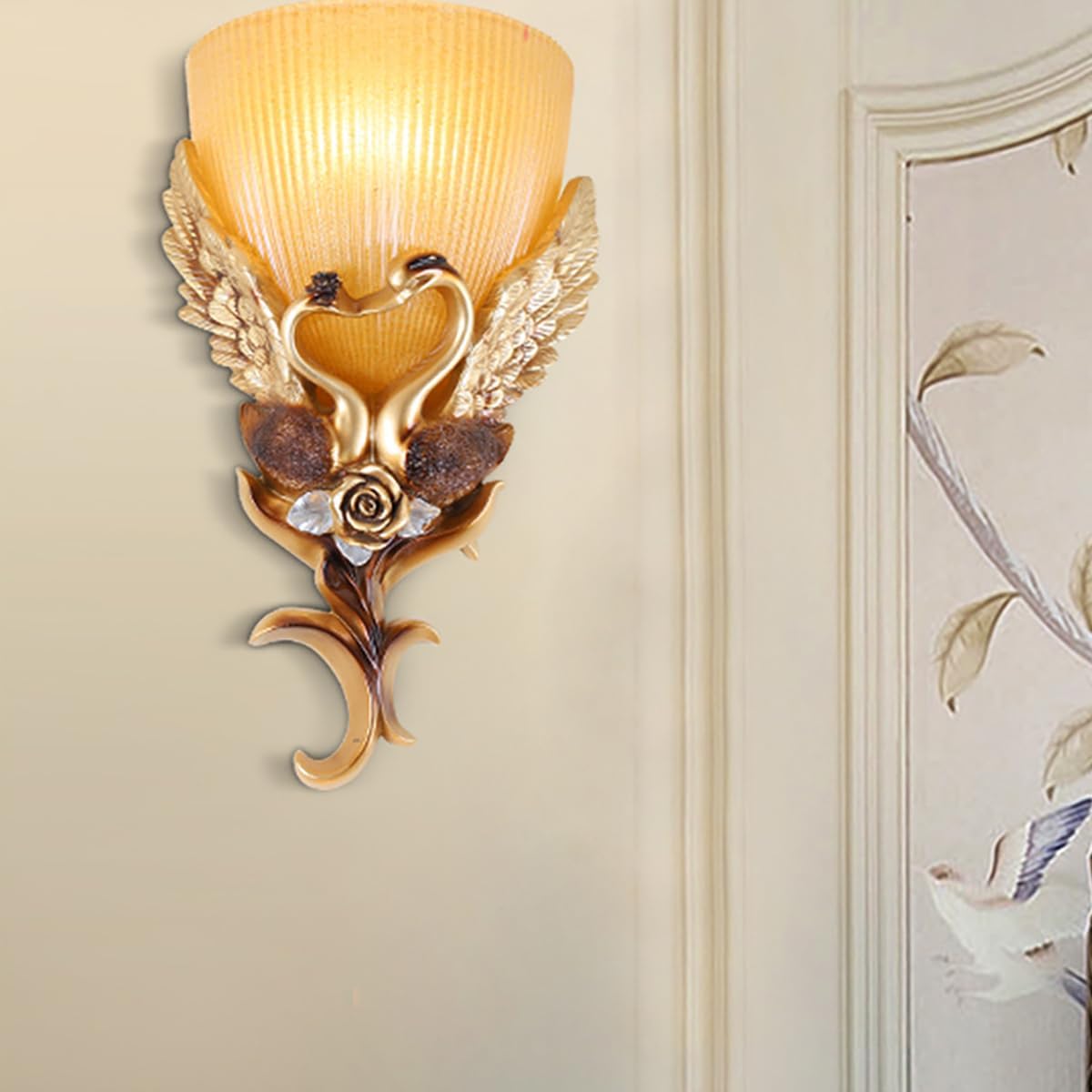 European Wall Sconce Vintage Gold Wall Light Creative Resin Peacock Design with Frosted Glass Shade Indoor Wall Lamp Antique Lighting Fixtures for Living Room Hallway Bedroom Bedside