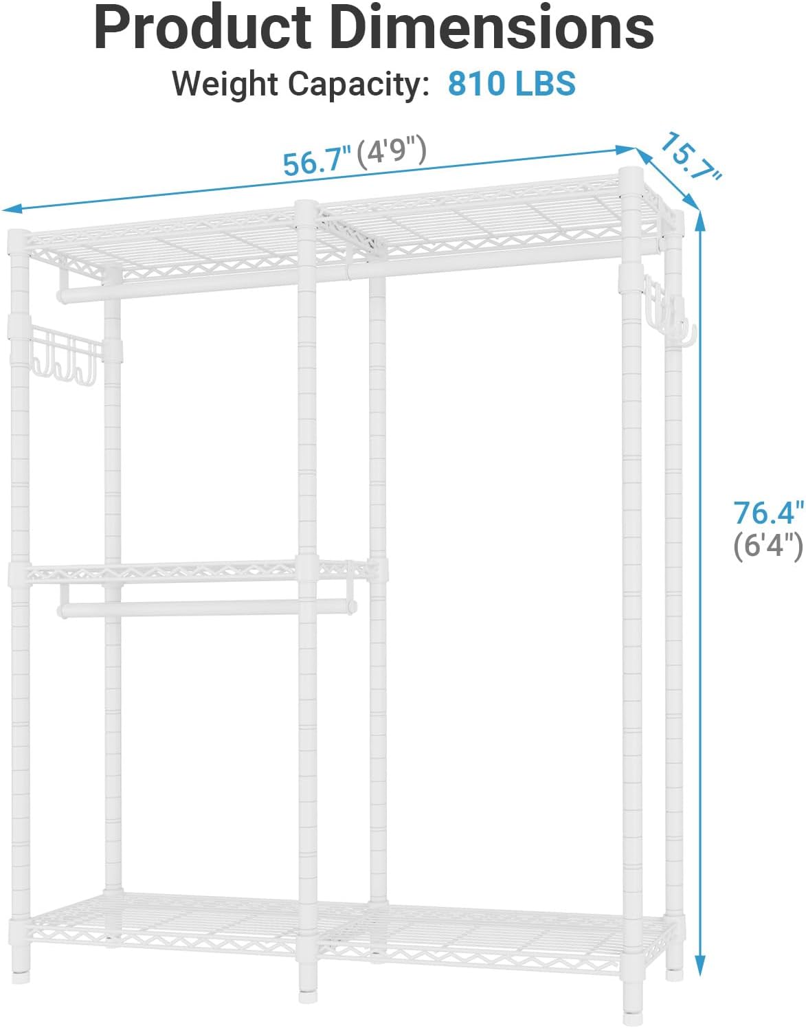 VIPEK V4C Heavy Duty Adjustable Clothing Rack, White Metal Closet Rack with Grey Cover, 57.9' L x 17.3' W x 76.4' H, 3 Hanging Rods & Side Hooks, Portable Closet