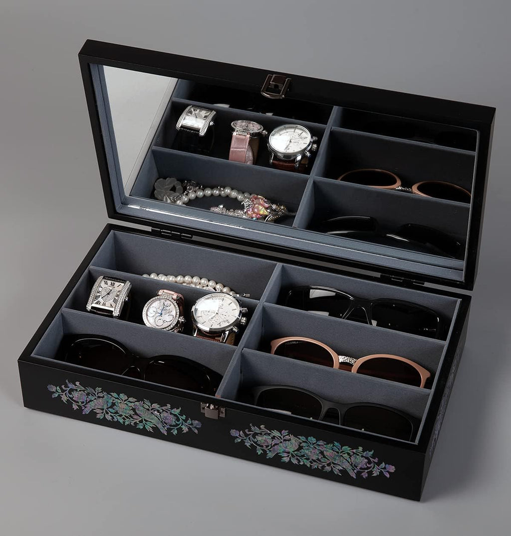 Antique Alive Mother of Pearl Wood Sunglasses Box Eyeglasses Valet Display Storage Case for Glasses, Watches, Jewelry, Trinkets Wooden Accessory Organizer Gift (Parrot Black)