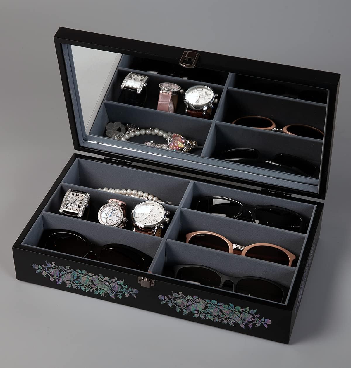 Antique Alive Mother of Pearl Wood Sunglasses Box Eyeglasses Valet Display Storage Case for Glasses, Watches, Jewelry, Trinkets Wooden Accessory Organizer Gift (Parrot Black)