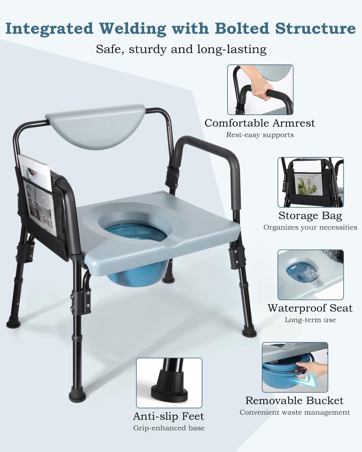 4-in-1 Bariatric Bedside Commode Chair, 1000lbs Heavy Duty Shower Chair, Extra-Wide Seat, Robust Carbon Steel, 5 Adjustable Height, Raised Toilet Seat for Seniors, Disabled, Bariatric Users