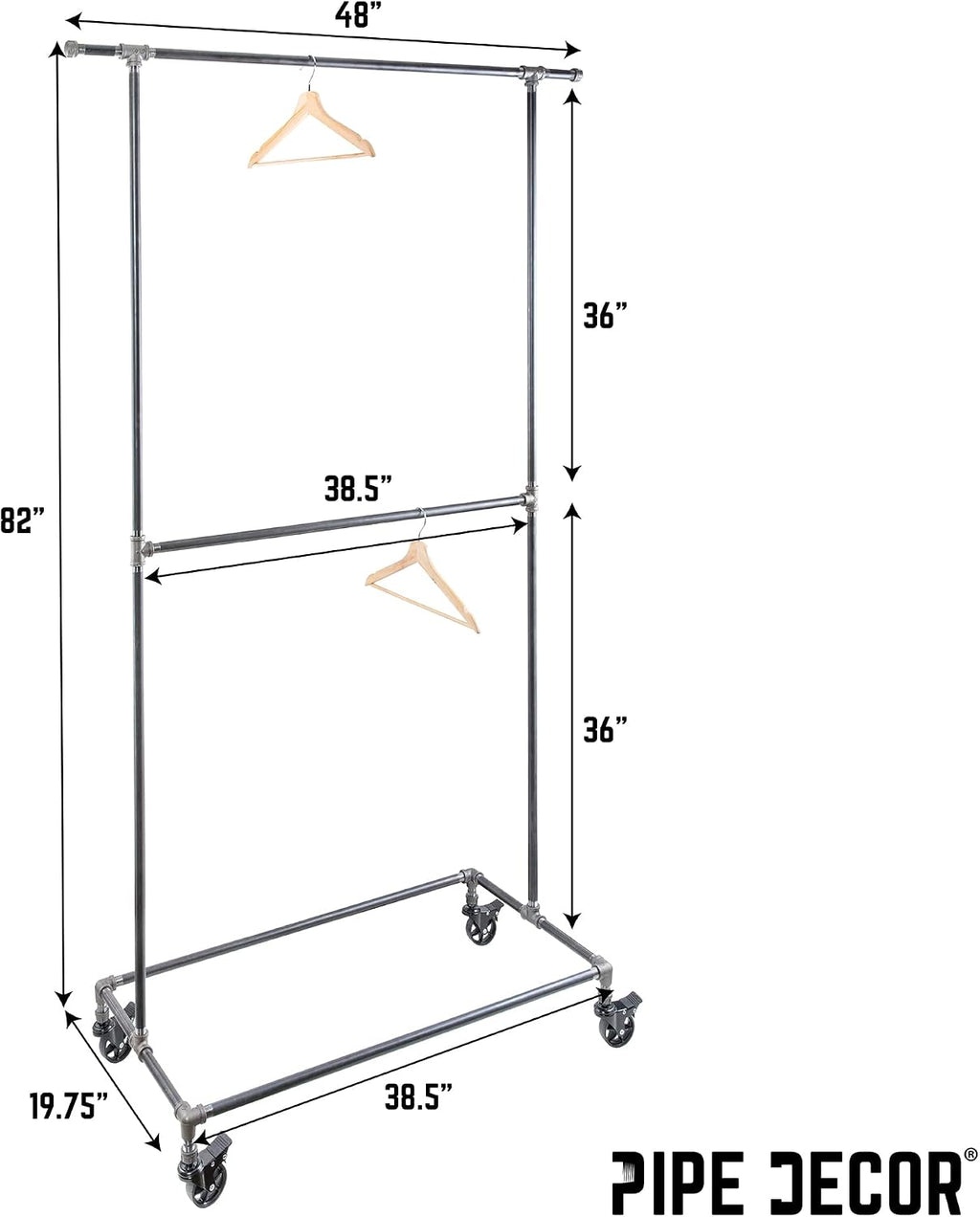 PIPE DECOR 39' x 20 ¼' x 82' Rolling Steel Pipe Double Rod Clothing Rack, Commercial or Residential Industrial Clothes Display, Heavy Duty Black Steel Metal Wheeled Garment Frame