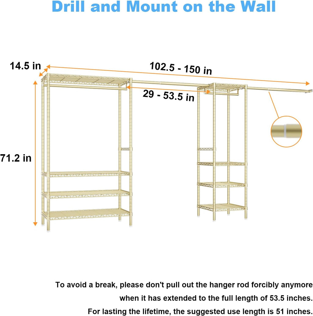 Ulif E11 Heavy-Duty Garment Rack, Metal Freestanding Clothes Rack and Closet Storage Organizer System with 8 Shelves and 4 Hanger Rods, (73.2-97.6)' W x 14.5' D x 71.2' H, Load 1034 LBS, Gold