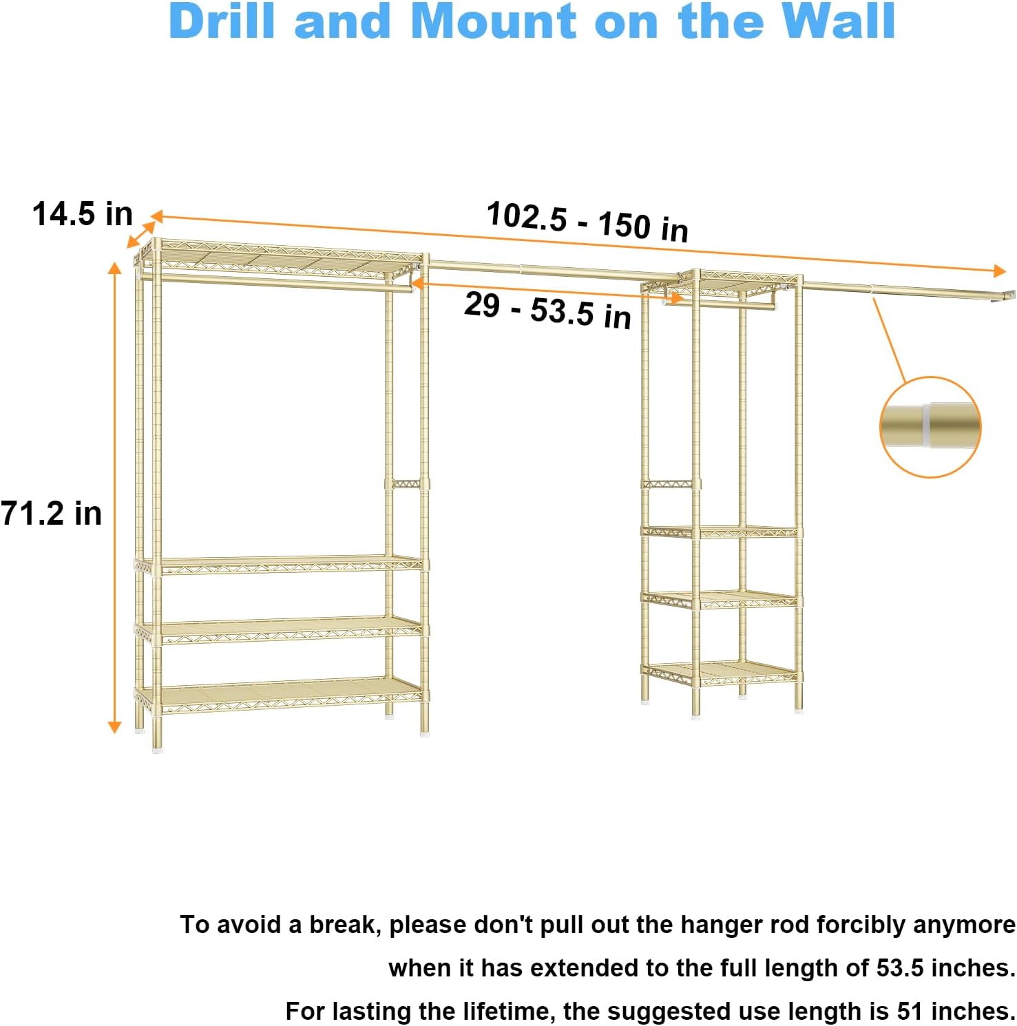 Ulif E11 Heavy-Duty Garment Rack, Metal Freestanding Clothes Rack and Closet Storage Organizer System with 8 Shelves and 4 Hanger Rods, (73.2-97.6)' W x 14.5' D x 71.2' H, Load 1034 LBS, Gold