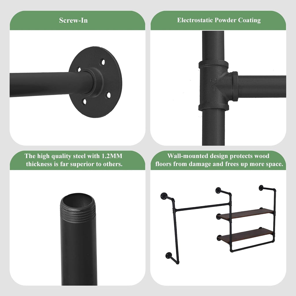 Industrial Pipe Wall-Mounted Clothing Rack with 2 Wood Shelves - Heavy Duty Double Rod Metal Garment Organizer for Bedroom/Retail Stores, Black (30H×12.5D×59W inch)