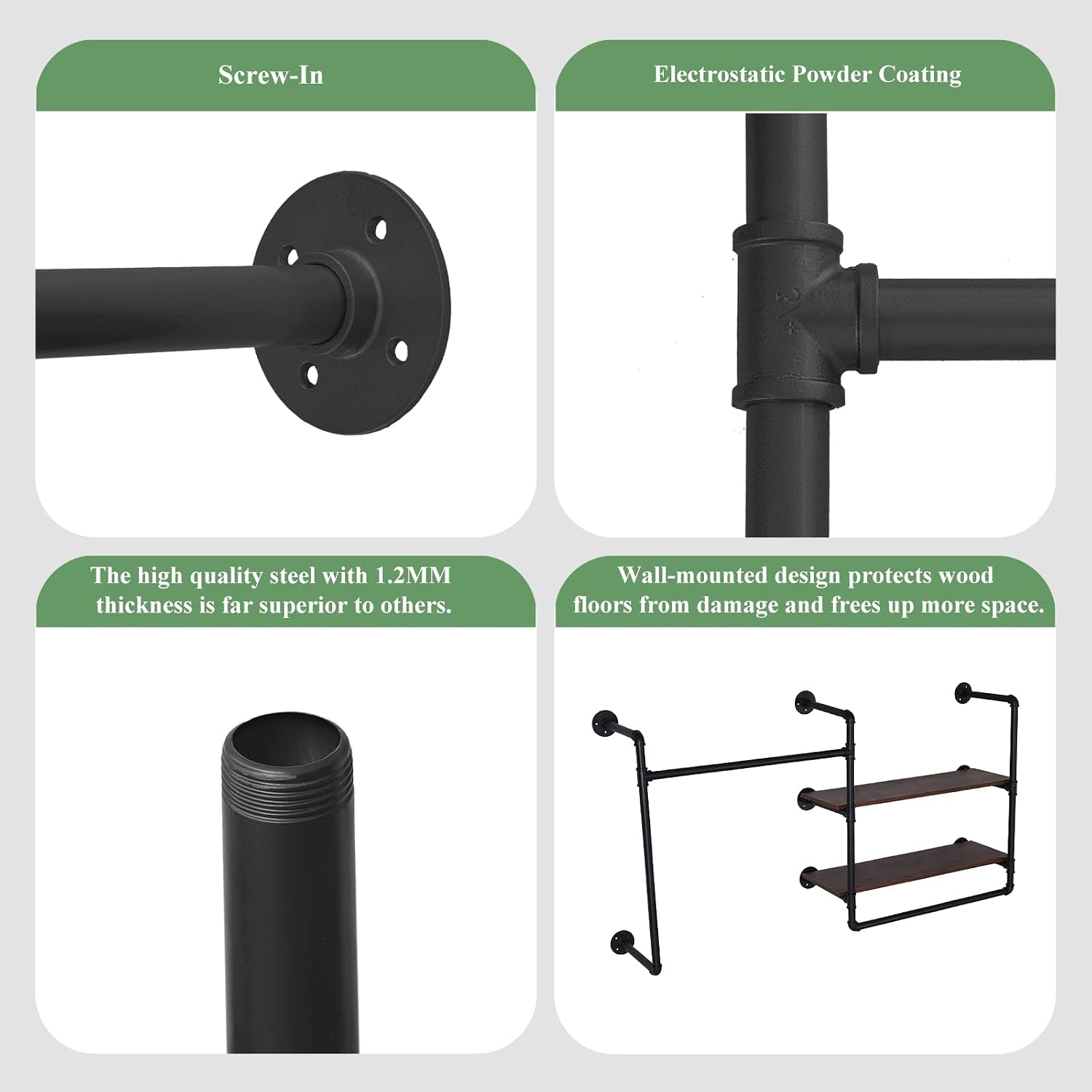 Industrial Pipe Wall-Mounted Clothing Rack with 2 Wood Shelves - Heavy Duty Double Rod Metal Garment Organizer for Bedroom/Retail Stores, Black (30H×12.5D×59W inch)
