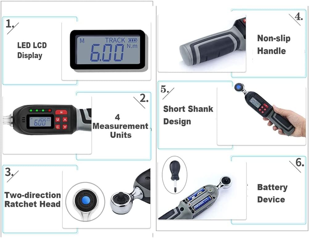 Digital Torque Wrench 1/4 Inch with Buzzer & LED Display, Sound & Light Alarm, Short Handle, for Precise Torque Measurement & Easy Use (0.6)