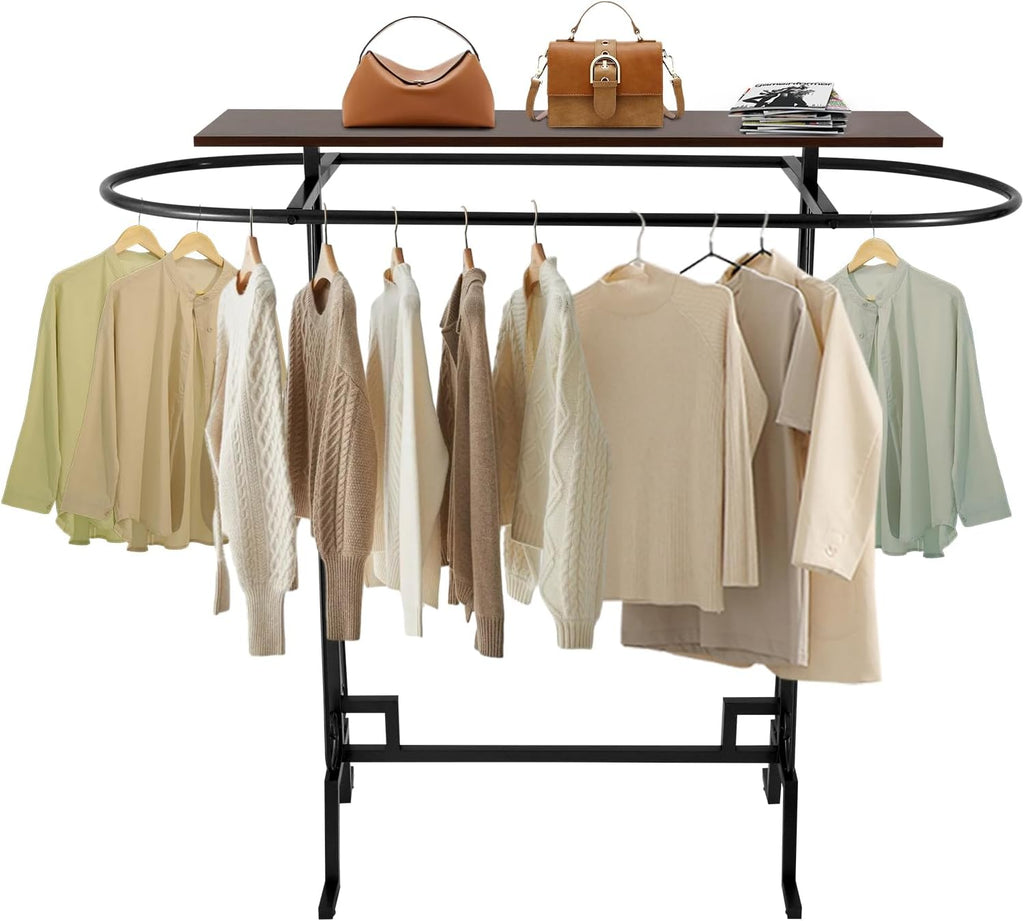 59x55x19.6in Clothing Display Stand, Floorstanding Retail Ellipse Coat Rack, Commercial Clothes Hanging Rack with Top Panel, Metal Garment Rack for Shops, Boutiques Display (Black)