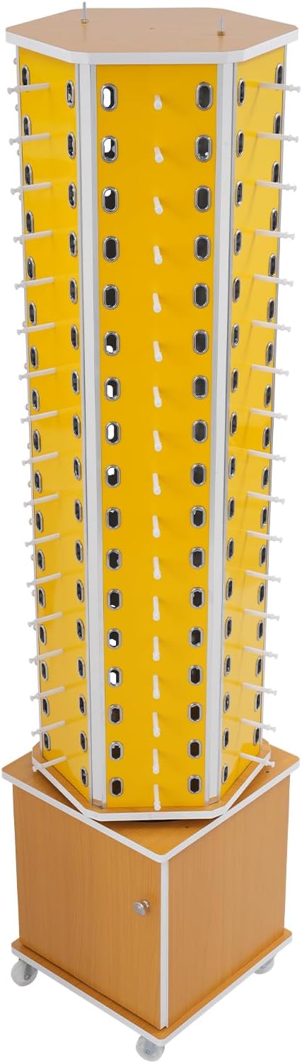 Sunglasses Retail Display Rack, 6-Sided Wood Floor-standing Eyeglass Holder, 102-Pair Eyewear Holder, 360°Rotating, with Storage Cabinet & 4 Swivel Wheels for Retail Exhibition (Yellow)