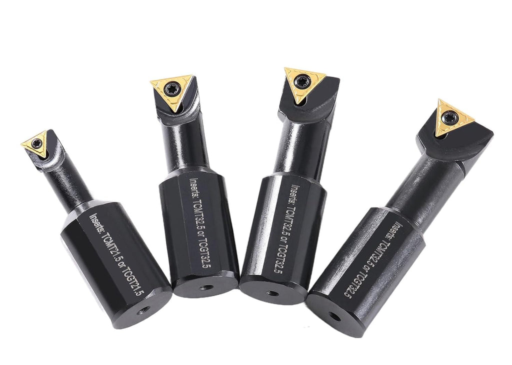 Accusize Industrial Tools 1' 4pc Indexable Stubby Length Boring Bar Set, w/Carbide TiN Coated TCMT Inserts and Extra Screws, EJ99-2182 | TCMT Inserts, Carbide, TiN Coated, Mini Bore 1/2 in-1-1/4 in, Max Bore 1-5/16 in-1-31/32 in, OAL 2-15/16 in-3-19/32 in