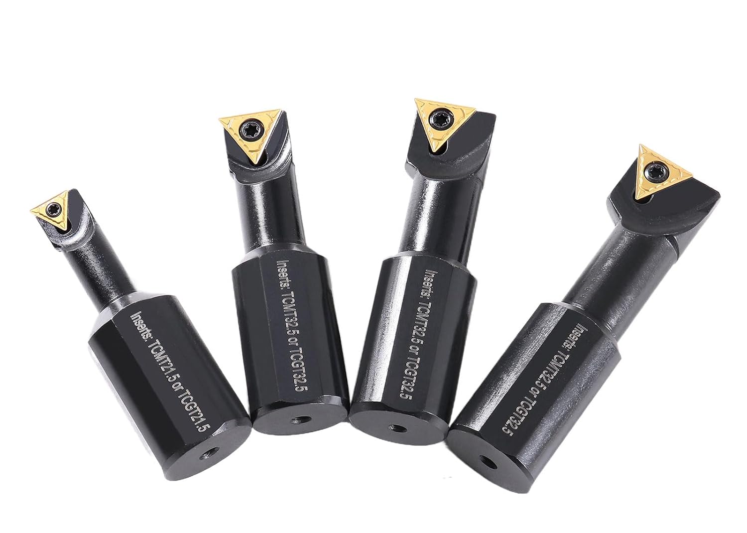 Accusize Industrial Tools 1' 4pc Indexable Stubby Length Boring Bar Set, w/Carbide TiN Coated TCMT Inserts and Extra Screws, EJ99-2182 | TCMT Inserts, Carbide, TiN Coated, Mini Bore 1/2 in-1-1/4 in, Max Bore 1-5/16 in-1-31/32 in, OAL 2-15/16 in-3-19/32 in