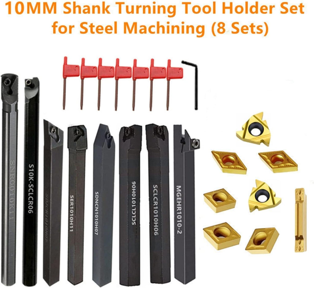 8Sets of 10MM CNC Lathe Turning Tool Holder Boring Bar with Applicable Inserts and Wrenches Set for Turning Threading(8Sets for Steel)