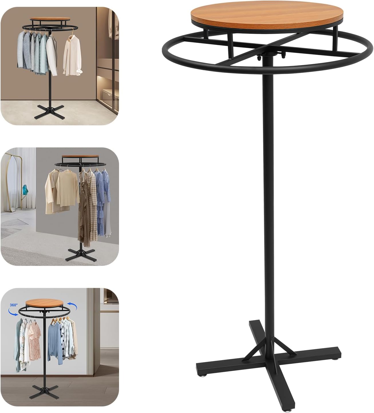 Round Garment Racks for Hanging Clothes 360° Rotary Clothes Display Rack 27.56' Diameter Freestanding Retail Display Stand Commercial Clothing Organizer Clothes Shelf for Retail Boutiques (Black)