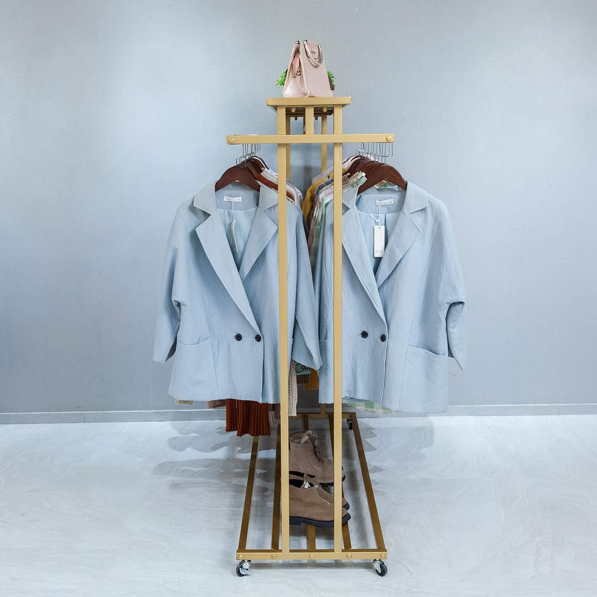63' Heavy Duty Metal Clothing Rack with Wheels, Gold Garment Rack for Boutique Commercial Home Use, Standing Adjustable Rolling Display , Wardrobe Closet Organizer