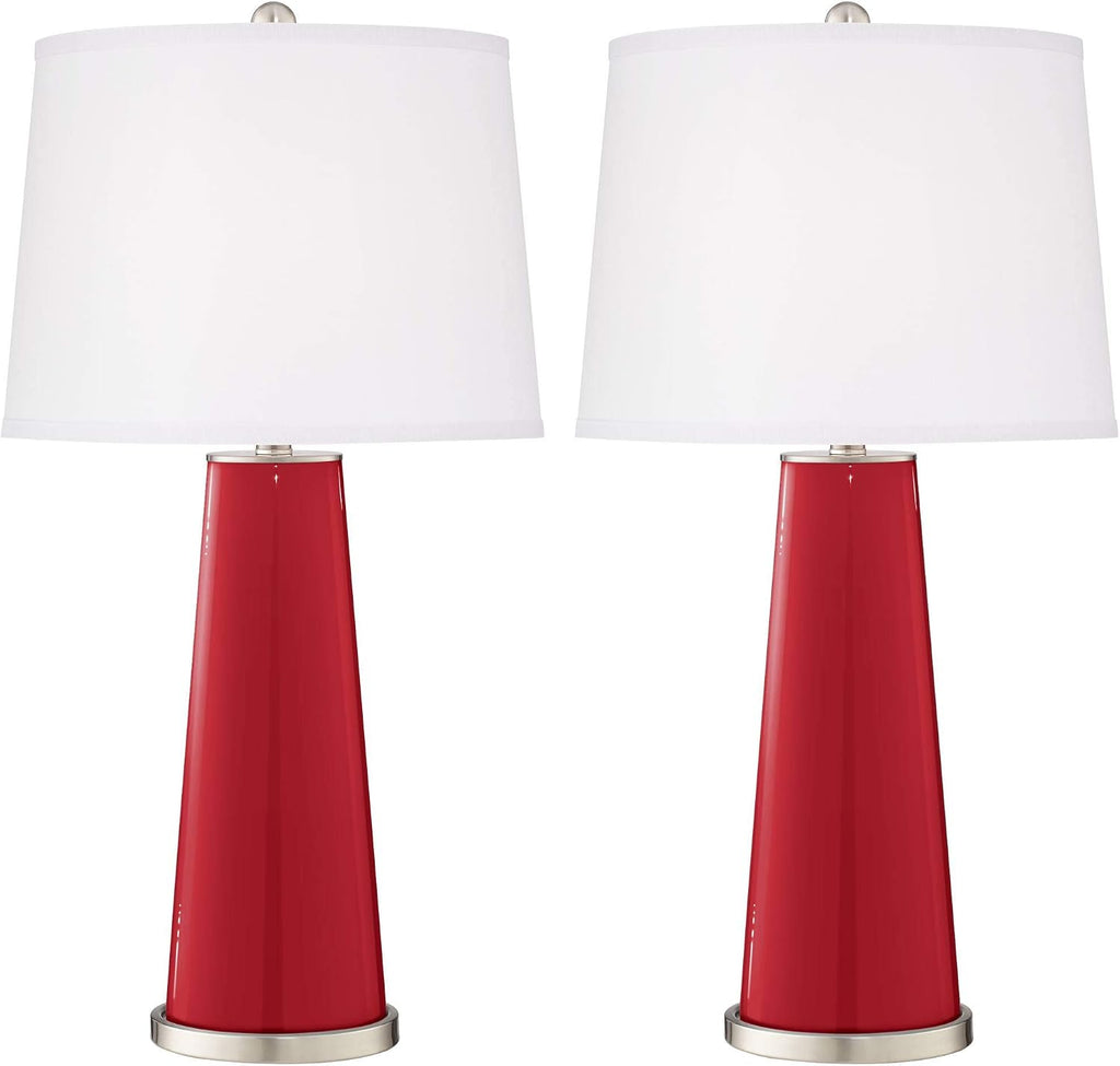 Color + Plus Leo Modern Table Lamps 29 1/2' Tall Set of 2 Ribbon Red Glass Tapered Column Plain White Drum Shade Decor for Bedroom Living Room House Home Bedside Nightstand Office Family