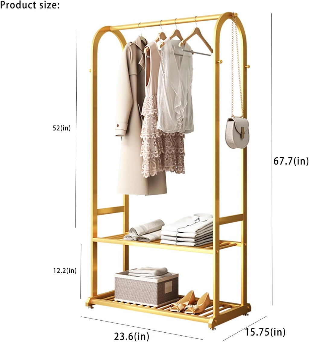 Gold Clothing Rack,Metal Garment Rack with Bottom Storage Shelves and 6 Side Hooks,modern Sturdy clothes racks for hanging clothes,Freestanding Wardrobe Rack for Bedroom or Boutique (L:23.6in)