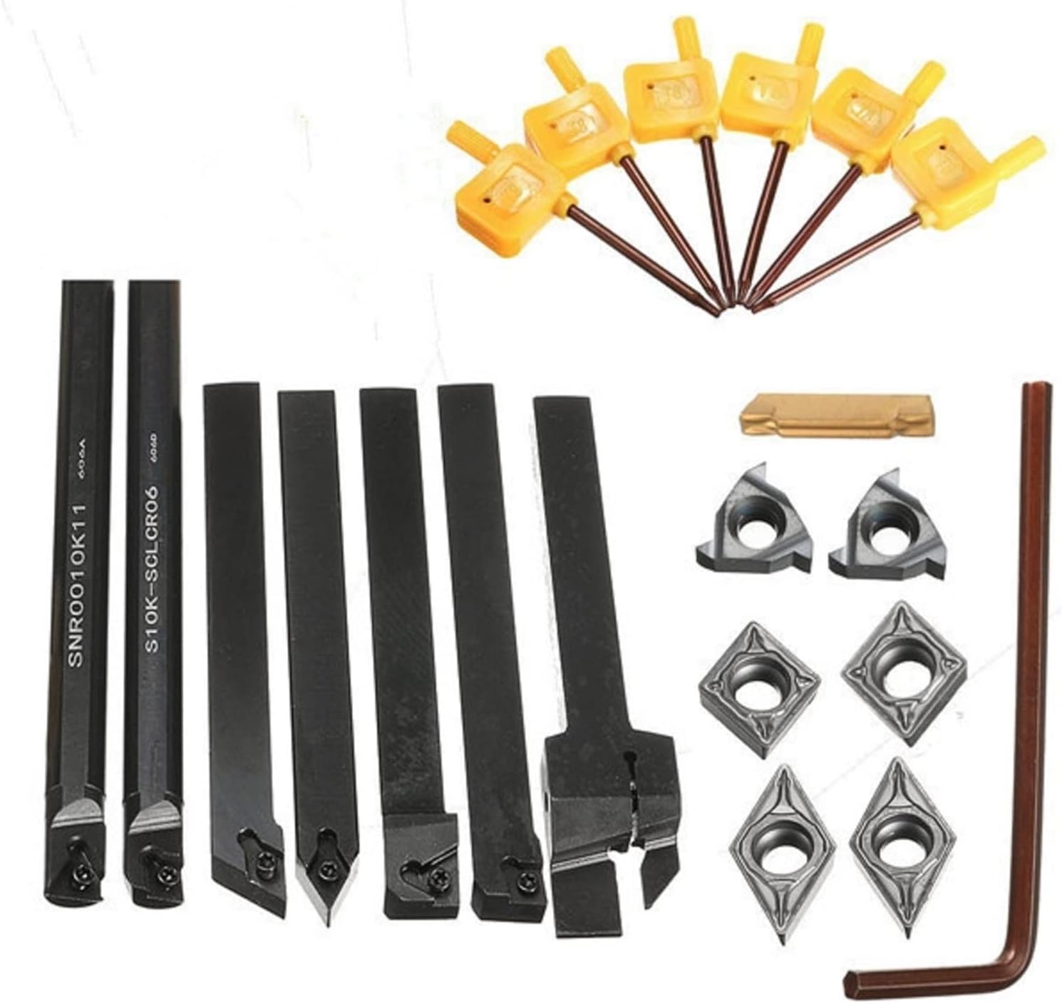 YFCDZVBH 7Pcs 10mm Shank Lathe Turning Tool Boring Bar Holder Kit， with DCMT/CCMT Carbide Insert Machine Wrench Cutter Set
