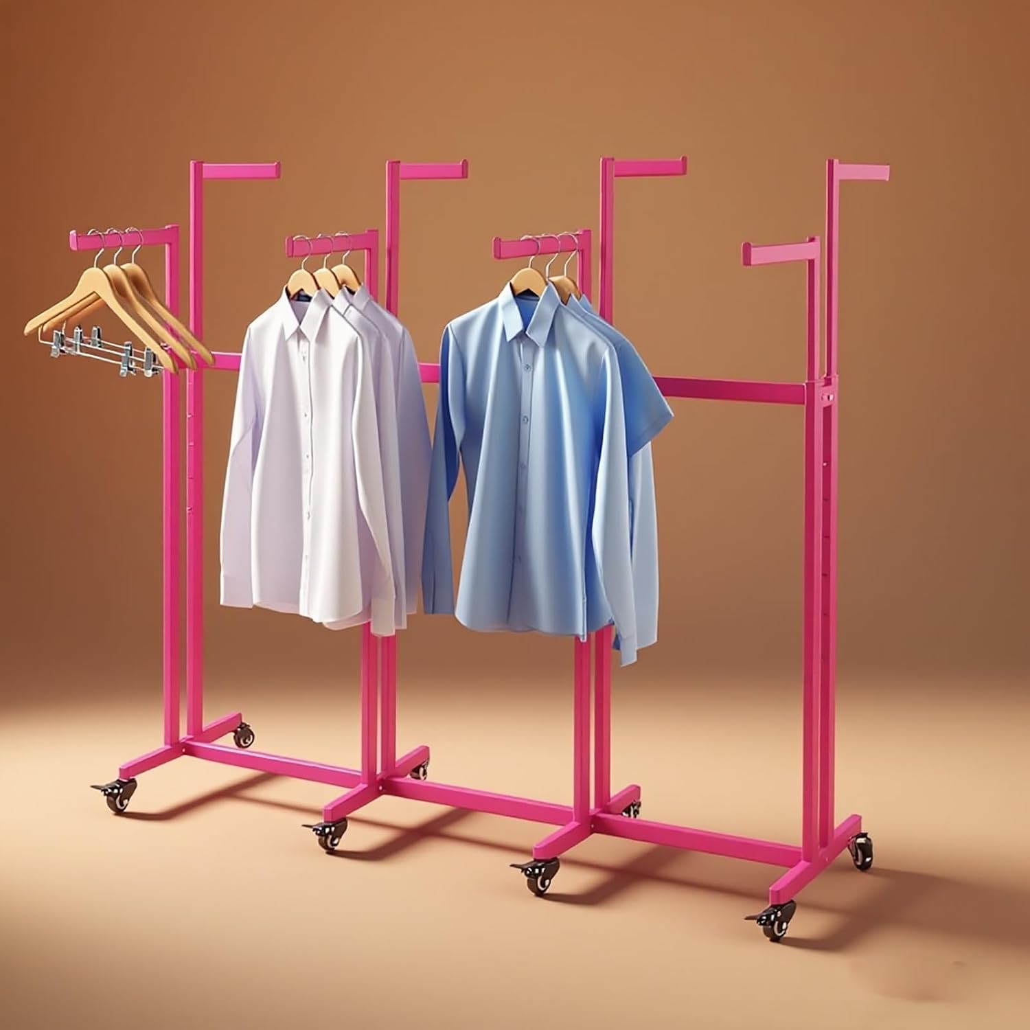 Floor Standing Metal Garment Rack - Heavy Retail Display Racks With Wheels, 8 Arms Clothing Rack, Square Tubing Portable Shirt Rack, Merchandise Display RackFor Hanging Clothes (L-Pink)