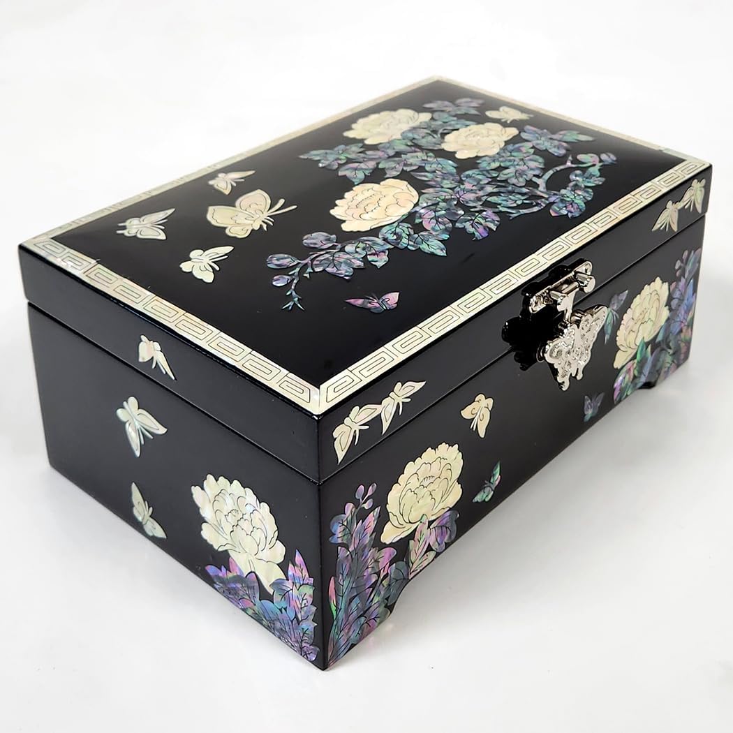 Antique Alive Mother of Pearl Inlay Design Jewelry Box, Wood Jewelry Box, Trinket Case, Keepsake Treasure Chest Box Organizer Holder (Peony Flowers)
