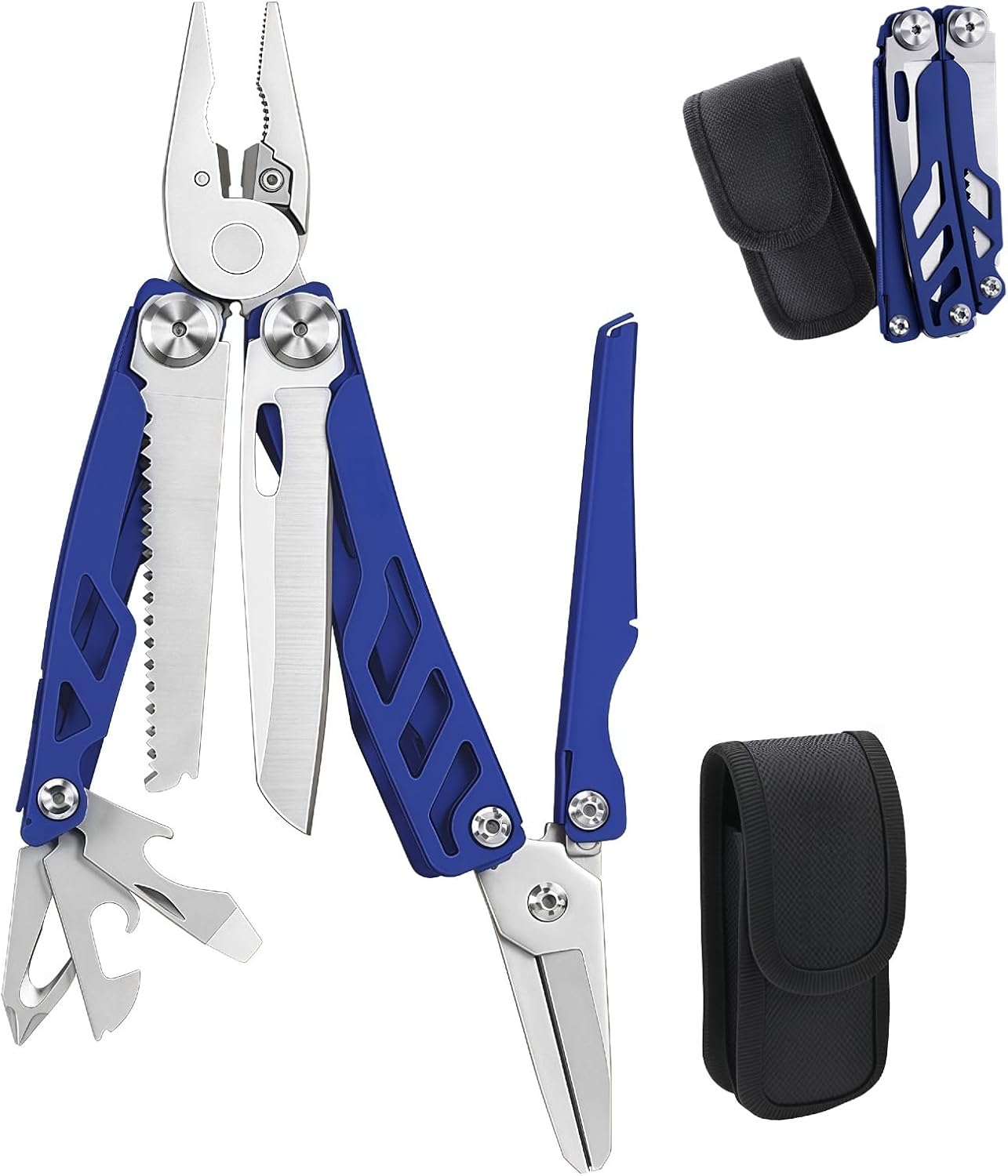 Multitool, 16-in-1 Full-Size, Lightweight EDC, Multi-Purpose Pliers, Pocket Knife, Scissors, Tactical Gear, Tools, Gifts for Guys, Equipment for Emergencies, Hiking, and Outdoor Camping (Blue)