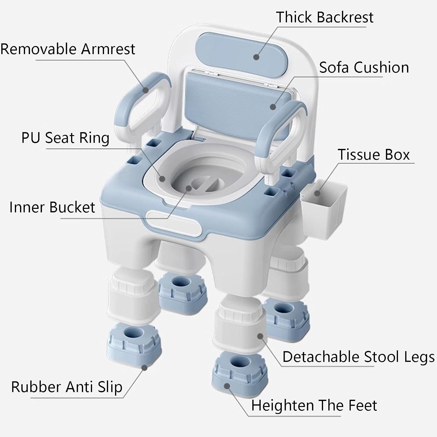 Raised Toilet Seat with Handles, Elevated Handicap Toilet Seat Riser for Seniors with Soft Padded, Height Adjustable, Stand Alone Toilet Safety Frame, Fit Any Toilet, Blue, PP Material