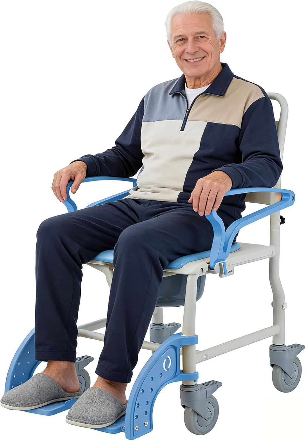 4-in-1 Bedside Commode Chair for Elderly, Rolling Shower Chair with Drop Arms & Lockable Wheels, Anti-Tilt Heavy Duty Waterproof Shower Wheelchair, 350lbs Capacity (Blue)
