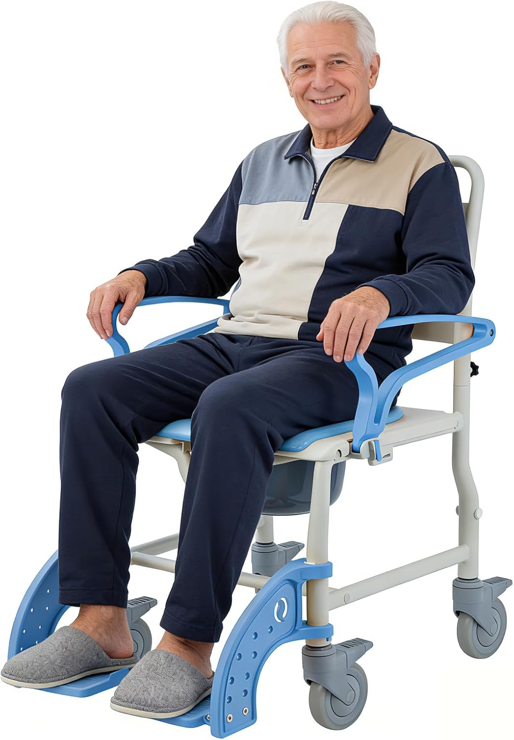 4-in-1 Bedside Commode Chair for Elderly, Rolling Shower Chair with Drop Arms & Lockable Wheels, Anti-Tilt Heavy Duty Waterproof Shower Wheelchair, 350lbs Capacity (Blue)