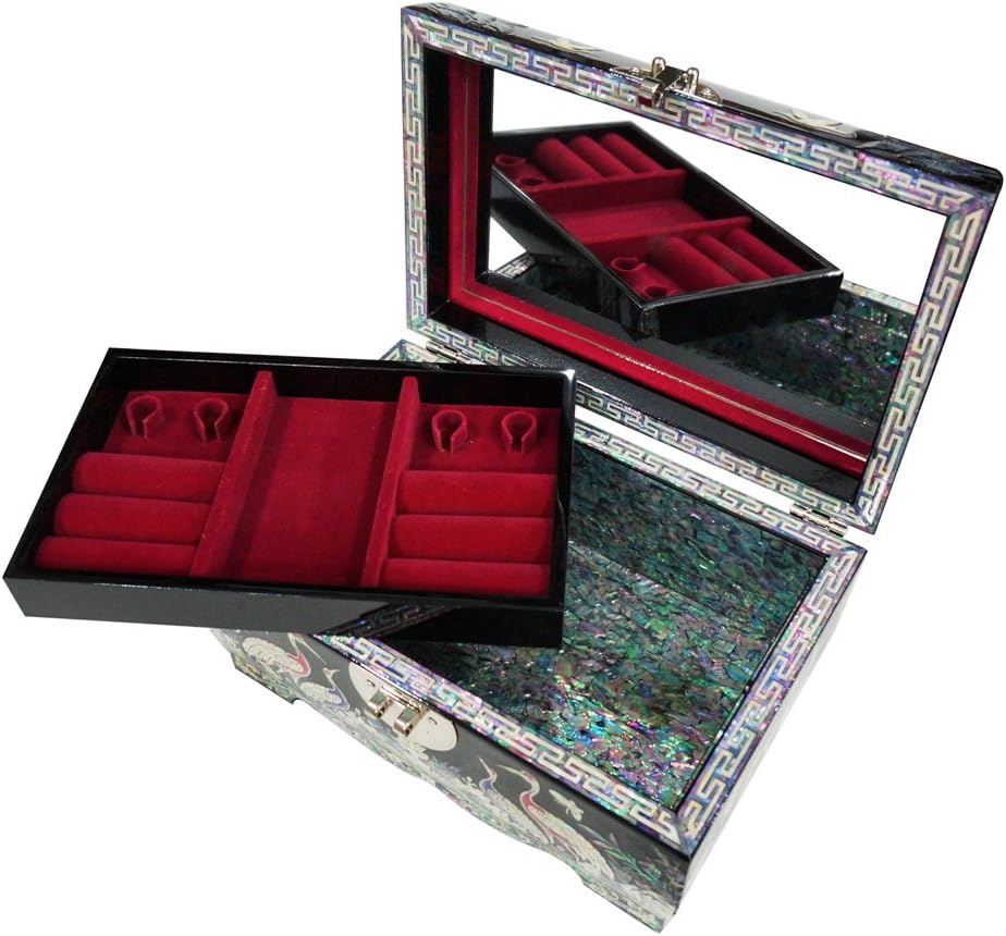 Mother of Pearl Birds Pine Tree Black Lacquer Wood Lock Jewelry Trinket Keepsake Treasure Box Case Chest