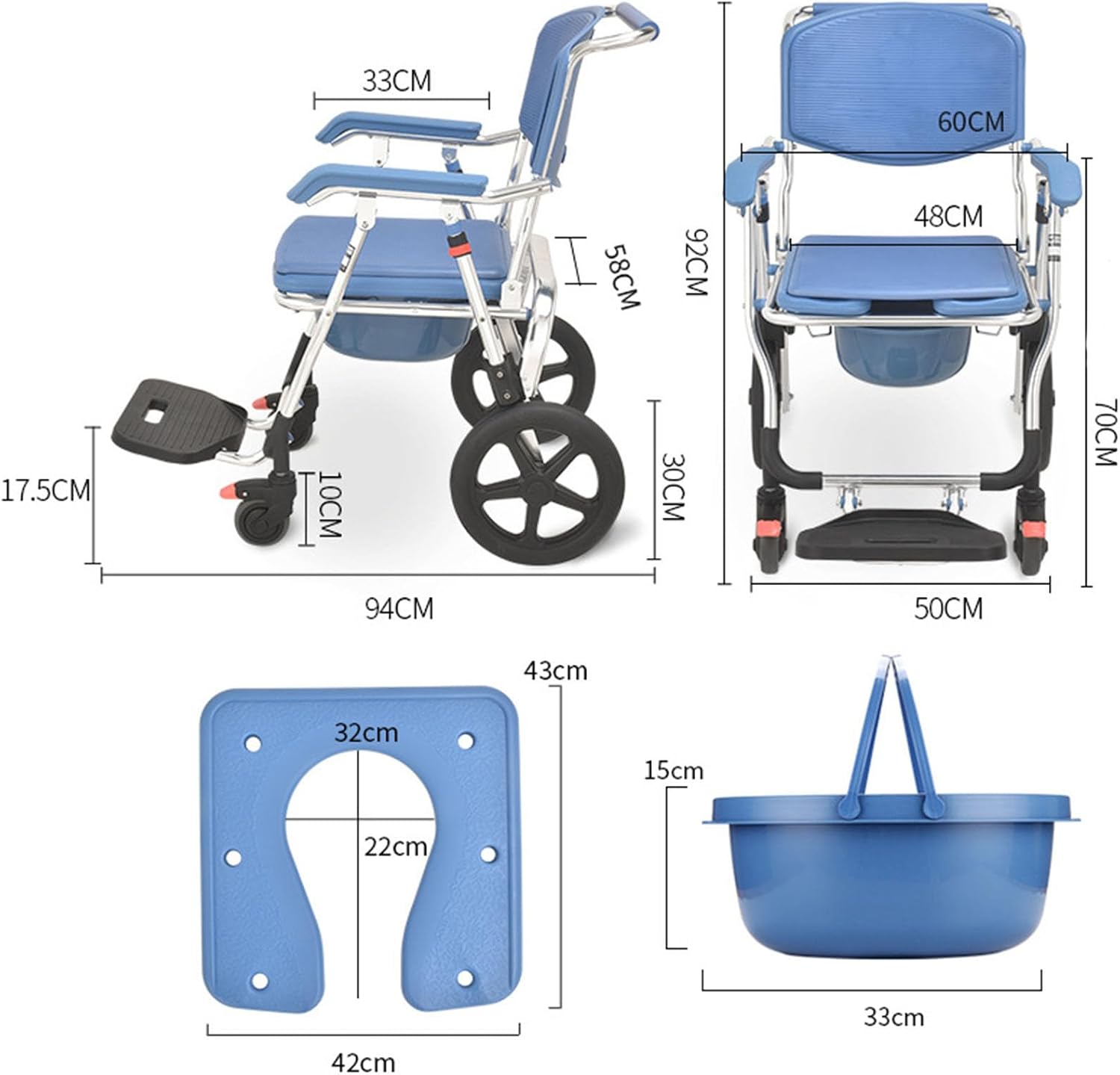 Raised Toilet Seat with Handles Up to 320lbs, Elevated Handicap Toilet Seat Riser for Seniors with Soft Padded with 4 Brakes Casters, Stand Alone Toilet Frame, Fit Any Toilet, Blue
