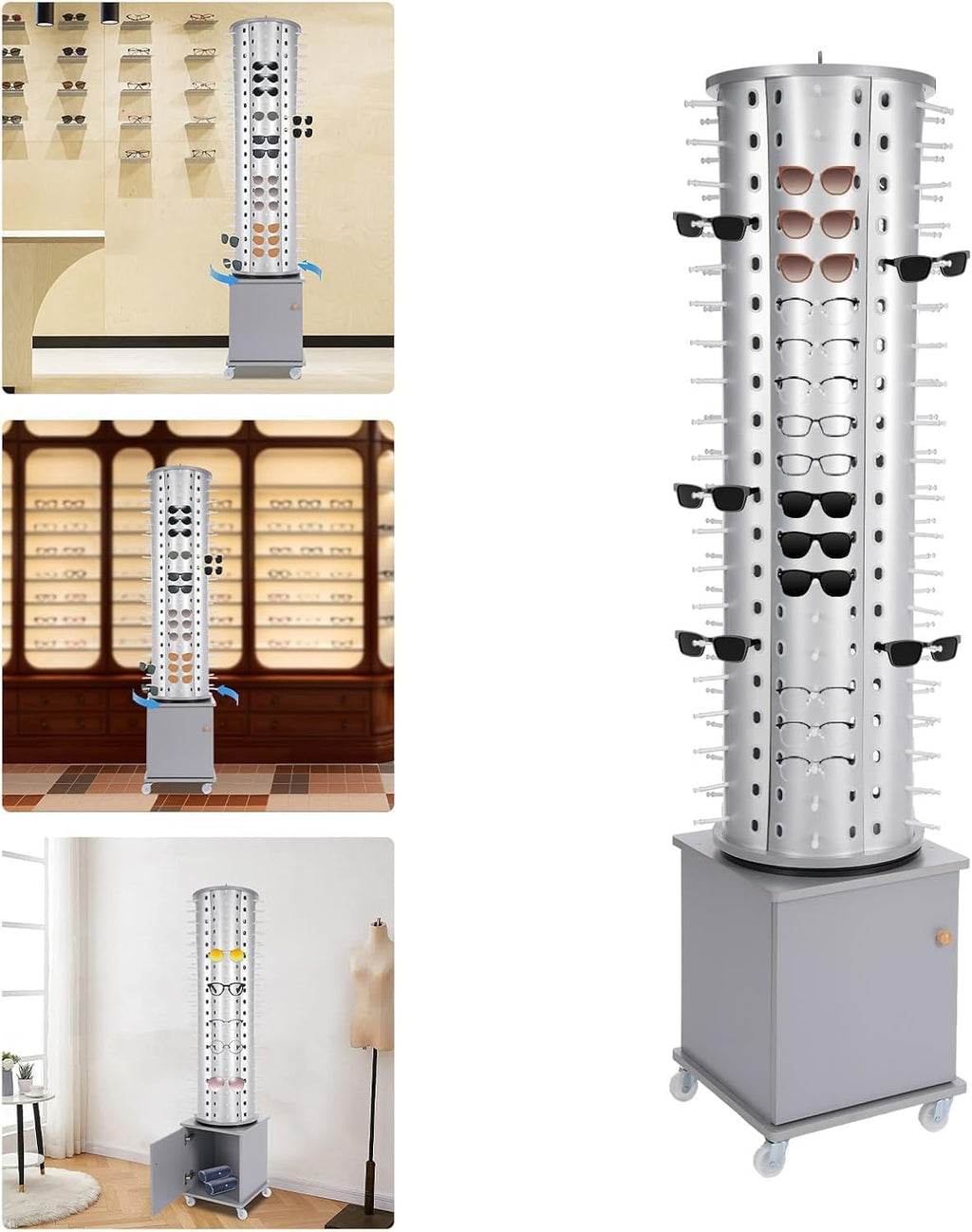 120 Capacity Eyeglass Display Stand 360° Rotating Sunglasses Rack Organizer Holder with Base Square Freestanding Countertop Spinner for Retail Boutique (Sliver, 120 Pairs)
