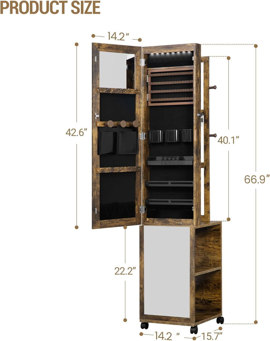 Hzuaneri 8 LEDs Jewelry Cabinet Armoire, 66.9-inch Jewelry Organizer with Garment Rack, Lockable Full-length Mirror with 4 Wheels, Storage Shelves with Hooks, 5-in-1, Toasted Oak JC17007B