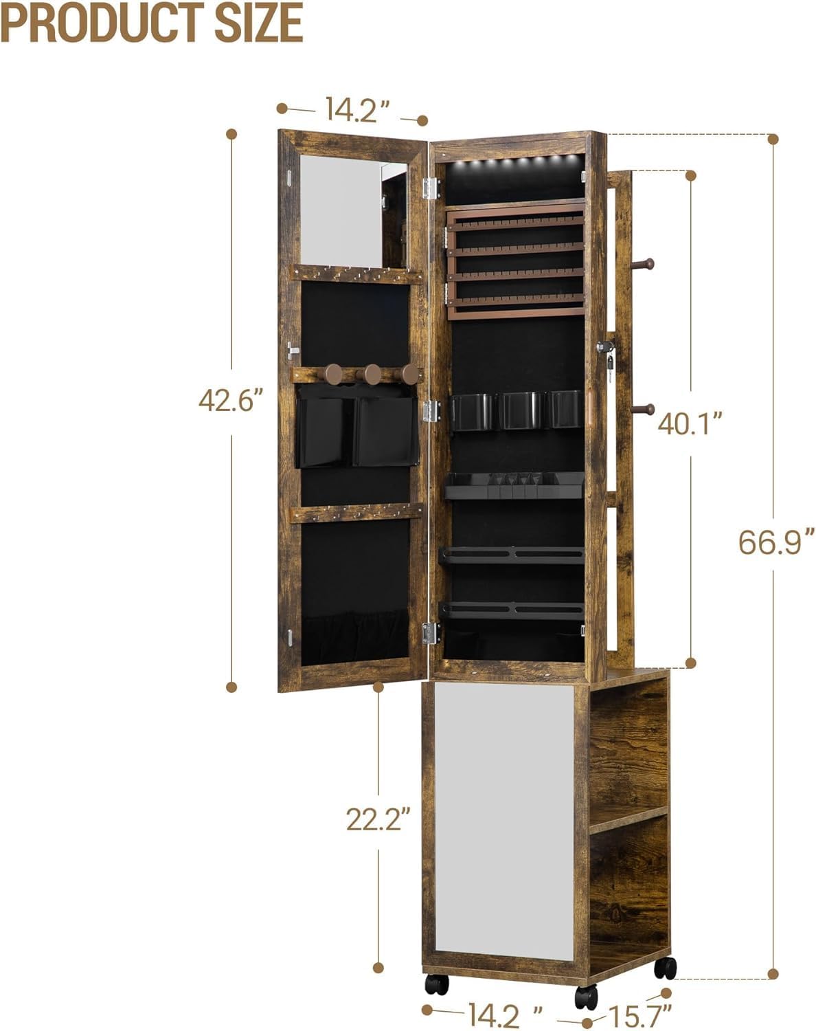 Hzuaneri 8 LEDs Jewelry Cabinet Armoire, 66.9-inch Jewelry Organizer with Garment Rack, Lockable Full-length Mirror with 4 Wheels, Storage Shelves with Hooks, 5-in-1, Toasted Oak JC17007B