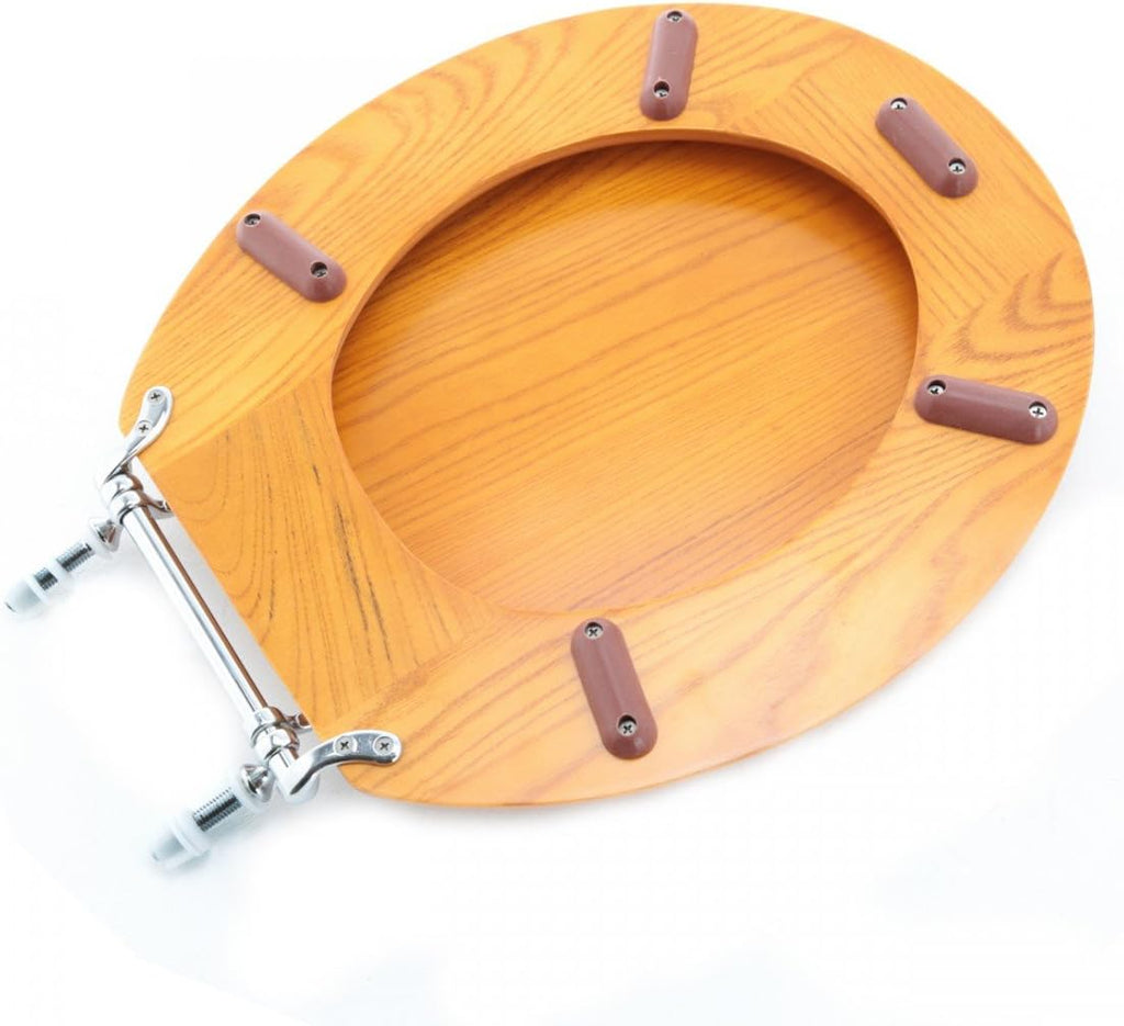 Renovators Supply Manufacturing™ Light Oak Wooden Round Toilet Seat with Chrome Hinges & Stabilizers – Solid Hardwood, Durable Cross-Frame Design