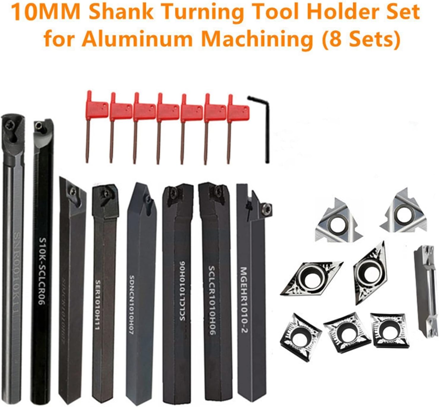 8Sets of 10MM CNC Lathe Turning Tool Holder Boring Bar with Applicable Inserts and Wrenches Set for Turning Threading(8Sets for Aluminum)