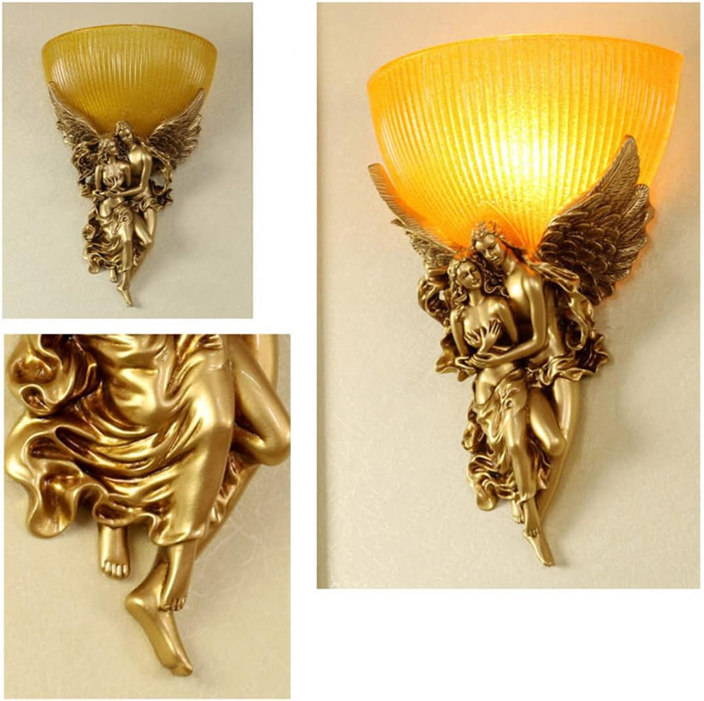 2-Pack Vintage Wall Sconce Lights Gold Unique Antique Sconces with Frosted Glass Lamp Shade Resin Angel Art Deco Style European Modern Wall Lighting for Living Room Hallway Bedroom