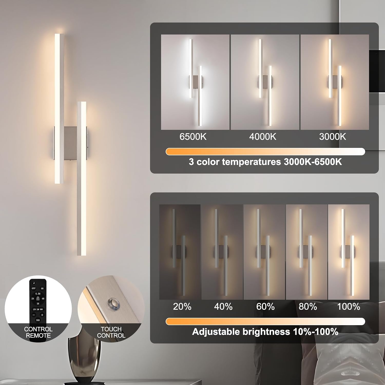 Battery Operated Wall Light Fixtures for Living Room, Dimmable USB Rechargeable Indoor Led Wall Sconce Lighting, Wireless Wall Lamps for Living Room Bedroom Bathroom Hallway Set of 2