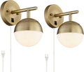 360 Lighting Luna Mid Century Modern Wall Lamps Set of 2 Brass Metal Plug-in 5 1/2' Fixture Frosted Glass Sphere Shade for Bedroom Bedside House Reading Living Room Home Hallway Dining