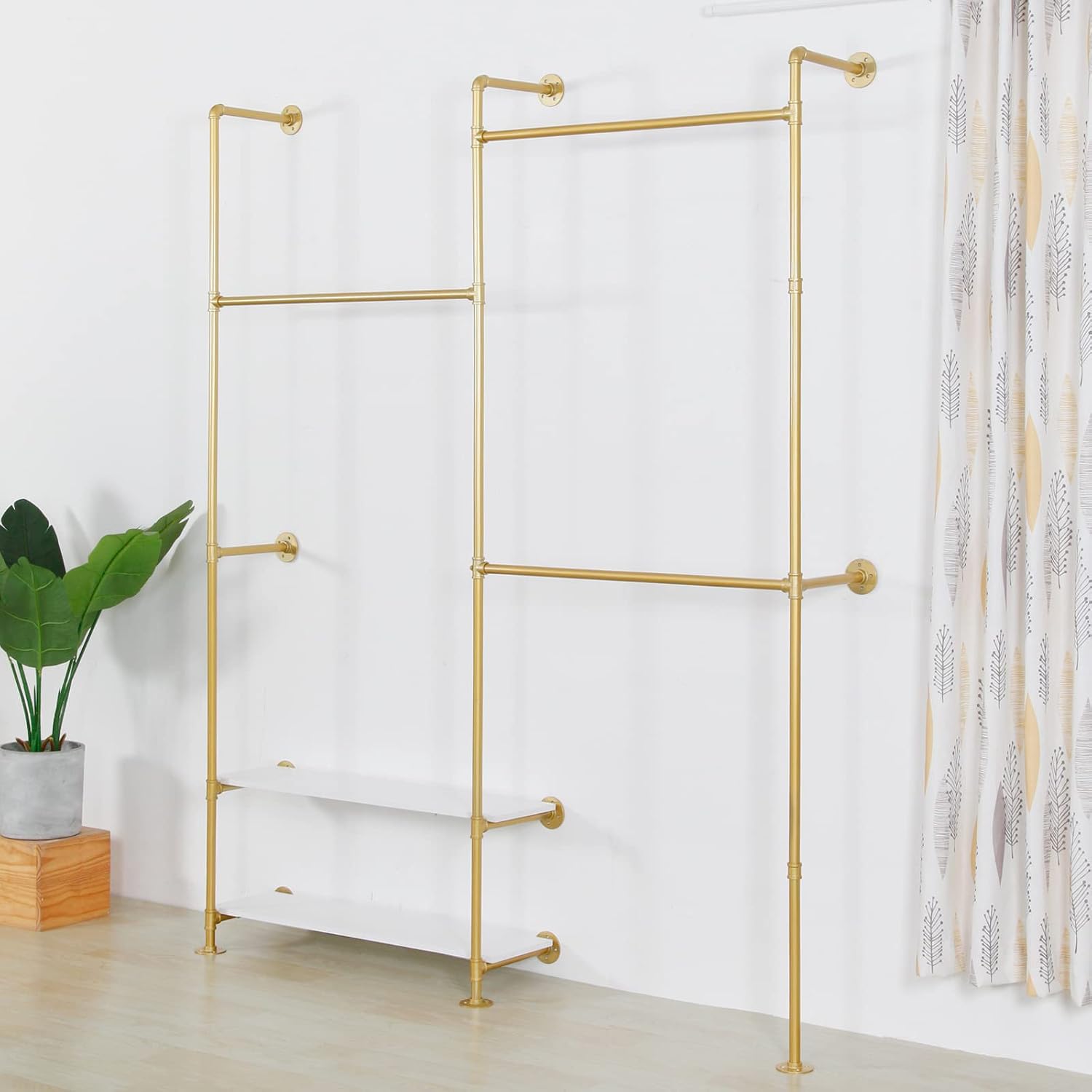 Industrial Style Wall Mounted Clothing Rack - Heavy Duty Pipe Garment Rack with Wood shelves, Multi-Functional Wardrobe System for Boutique/Closet,Gold (74.8' W x91.7 H)