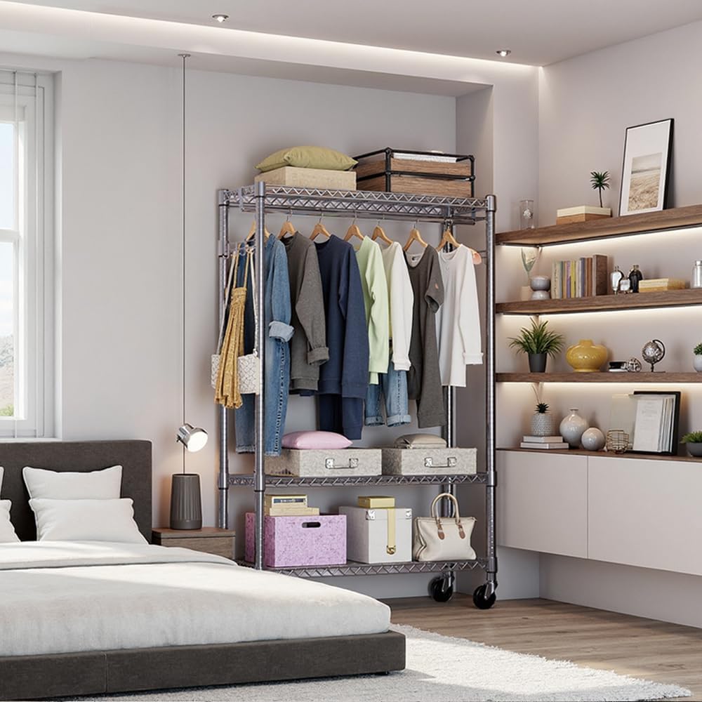High-Strength Rolling Garment Rack Freestanding Closet Organizer with Hanging Rod Adjustable Metal Clothes Rack Chrome 15.7' D x 45.3' W x 75.6' H