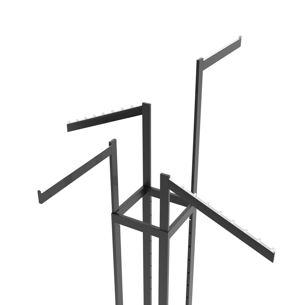 Econoco 4-Way Clothing Rack, Heavy Duty Adjustable Garment Display with 2 Straight and 2 Slanted Arms, Square Tubing, Black